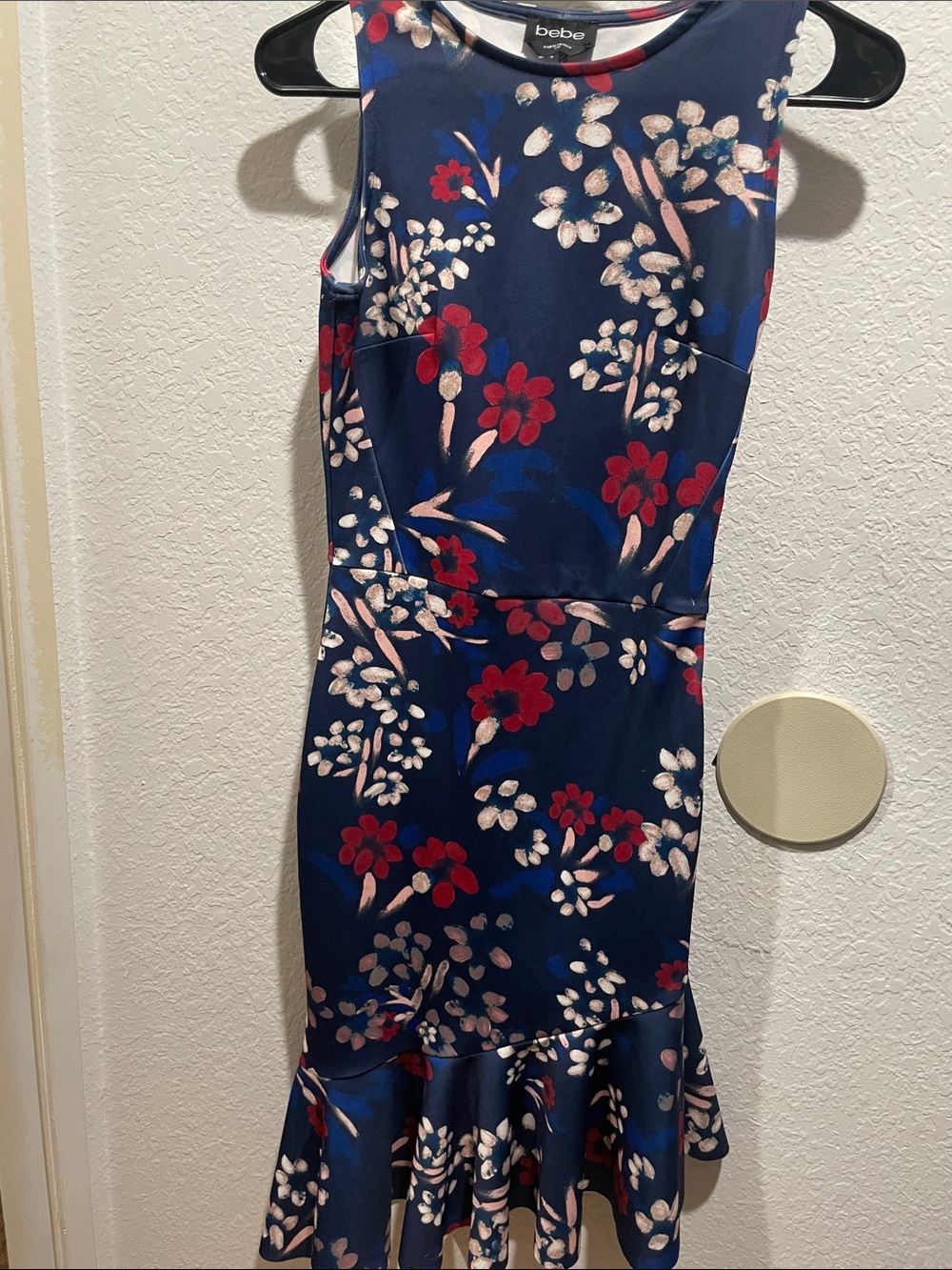 bebe Navy Floral High-Low Ruffle Hem Skirt with Red Accents